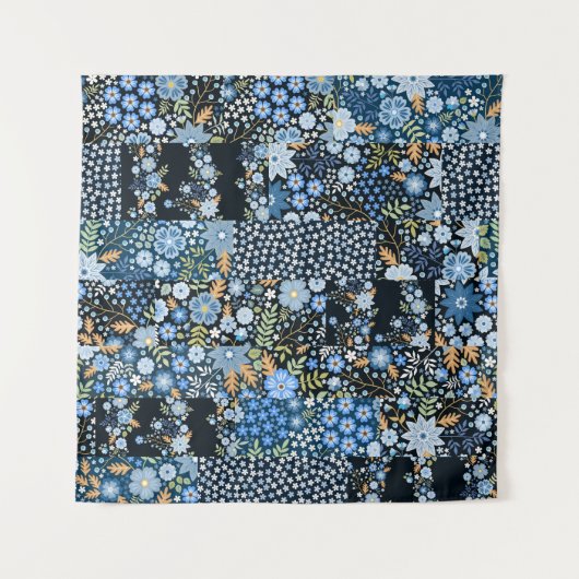 Tenture Fleurs Bleues Patchwork : Tissu sans couture. (Devant)
