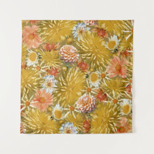 Tenture Fleurs dahlia dorées, design vintage fleuri.