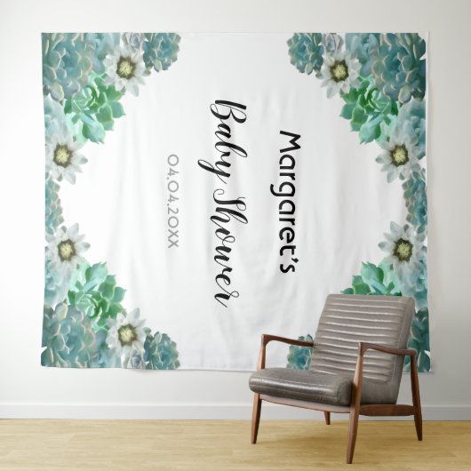 Tenture Fleurs de cactus et succulentes Baby Shower blanc (En situation (horizontale))