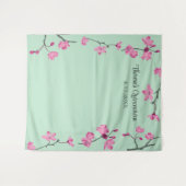 Tenture Fleurs de cerisier rose, fond vert de teint (Devant (Horizontal))