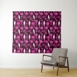 TENTURE FLEURS DE FUCHSIA ROSE NOIRE ART DÉCO, PARROTS BLA