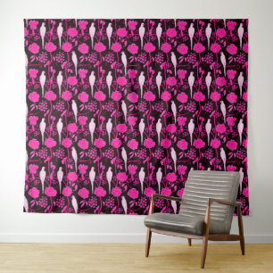 TENTURE FLEURS DE FUCHSIA ROSE NOIRE ART DÉCO, PARROTS BLA