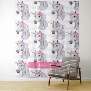 Tenture Fleurs de licorne mignonnes sur fond rayé tête