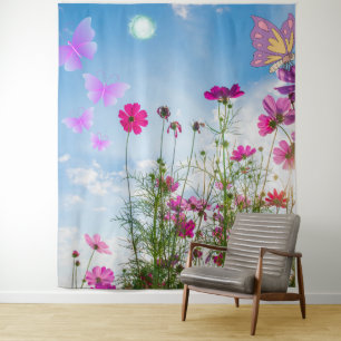 Tenture fleurs de printemps et papillon
