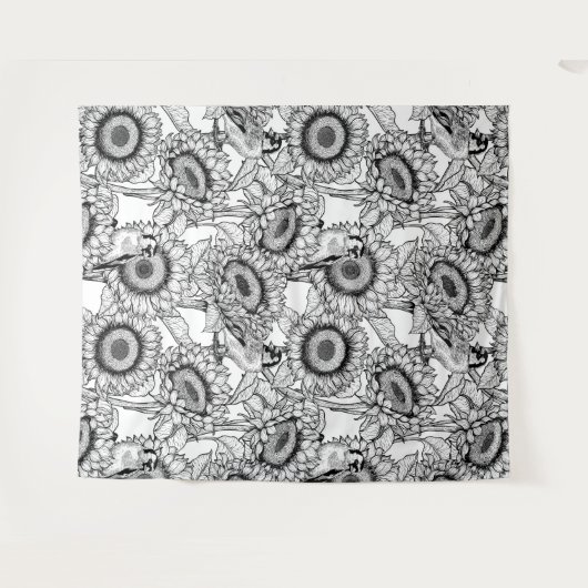 Tenture Fleurs de soleil et ailerons en noir et blanc (Devant (Horizontal))