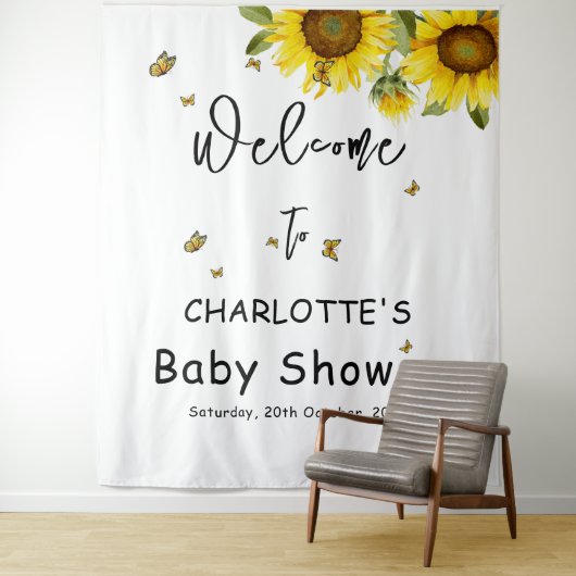 Tenture Fleurs de soleil et papillons Baby shower fond (En situation)