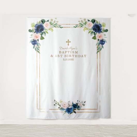 Tenture Fleurs de teint bleu Photo Booth Anniversaire Bapt (Devant)