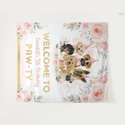 Tenture Fleurs de teint rose Chiens Bébé Fille Bienvenue (Devant (Horizontal))
