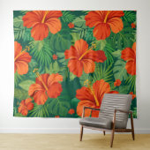 Tenture Fleurs d'Hibiscus Rouge Orange Vert Feuillage de l (En situation (horizontale))