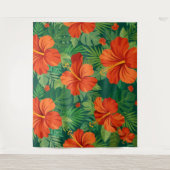 Tenture Fleurs d'Hibiscus Rouge Orange Vert Feuillage de l (Devant)