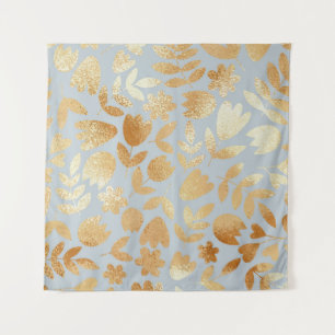 Tenture Fleurs d'or, arrière - plan bleu, imitation feuill