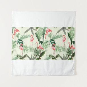 Tenture Fleurs exotiques et flamands roses, feuilles de pa