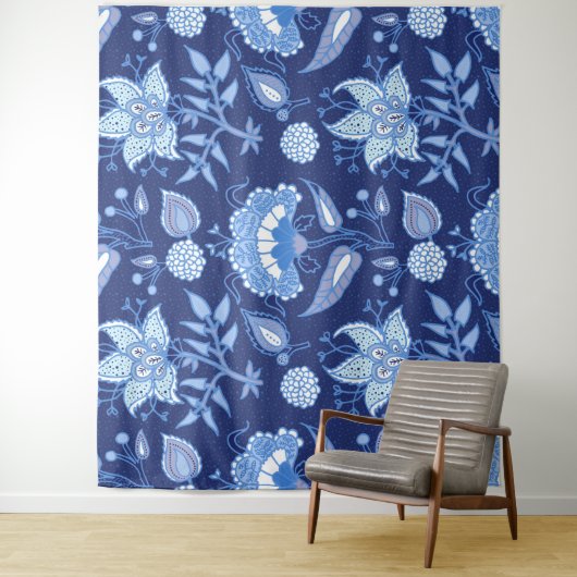 Tenture Fleurs indiennes foncées et bleu clair motif ethni (En situation)