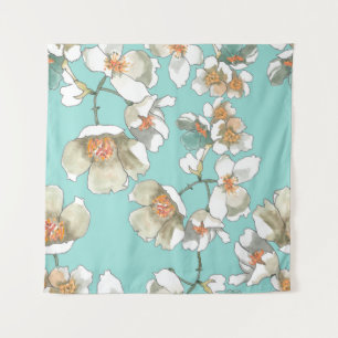Tenture Fleurs Jasmin : Aquarelle Turquoise clair