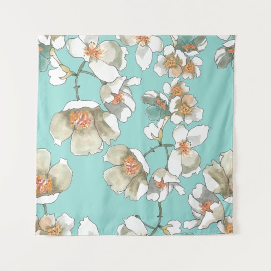 Tenture Fleurs Jasmin : Aquarelle Turquoise clair (Devant)