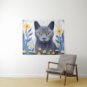 Tenture Fleurs Jaunes Chat Bleu Russe (En situation (horizontale))