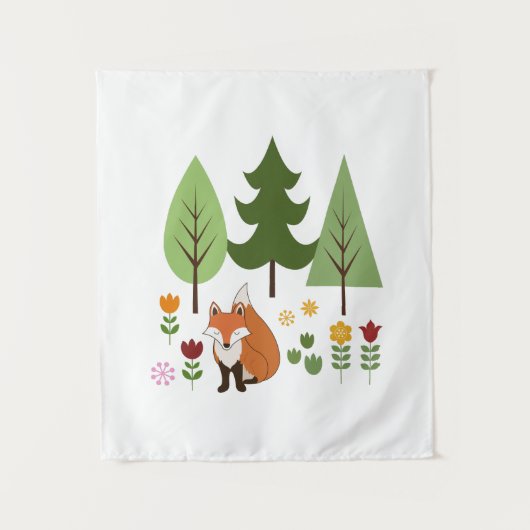 Tenture Fleurs renards de style scandinave Arbres et texte (Devant)