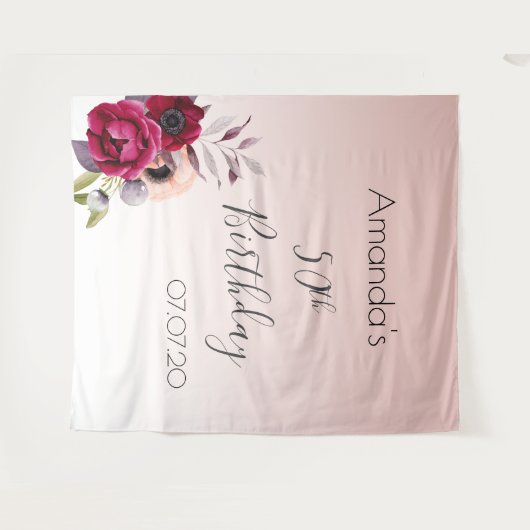 Tenture Fleurs rose doré métallisé pour anniversaire avec (Devant (Horizontal))