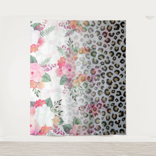 Tenture Fleurs roses Empreintes de léopard noires en argen (Devant)