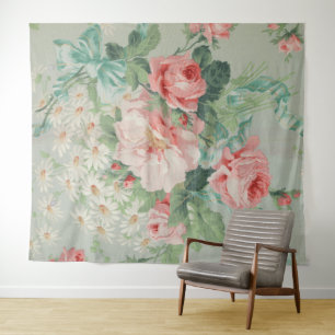 Tenture Fleurs roses et marguerites de tissu vintage brita