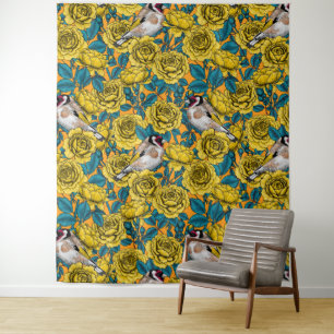 Tenture Fleurs roses et oiseaux dorés
