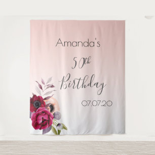 Tenture Fleurs roses or rose gold pour anniversaire nom