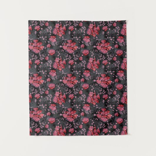 Tenture Fleurs rouges sur fond gris-noir. (Devant)
