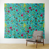 Tenture Fleurs sauvages et papillons de nuit sur turquoise (En situation (horizontale))