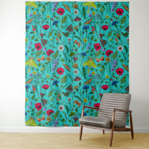 Tenture Fleurs sauvages et papillons de nuit sur turquoise