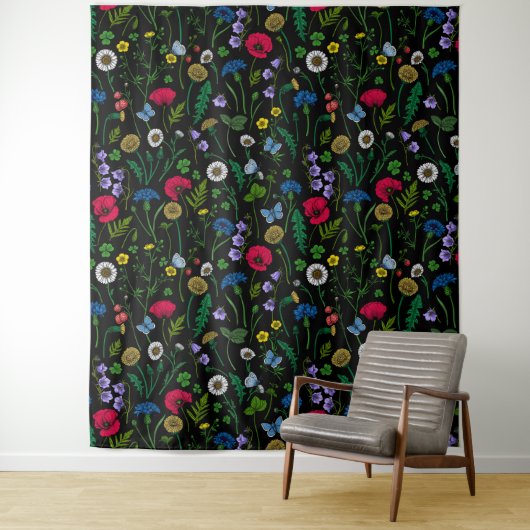 Tenture Fleurs sauvages sur fond noir (En situation)