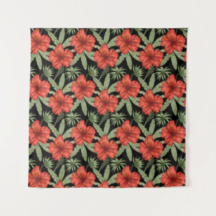 Tenture Fleurs tropicales rouges sans coutures motif vert