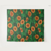 Tenture Fleurs Zinnia orange, feuilles verts sur vert fonc (Devant (Horizontal))
