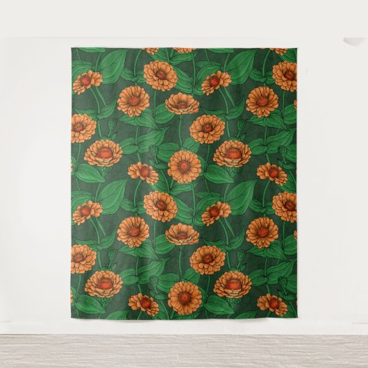 Tenture Fleurs Zinnia orange, feuilles verts sur vert fonc (Devant)