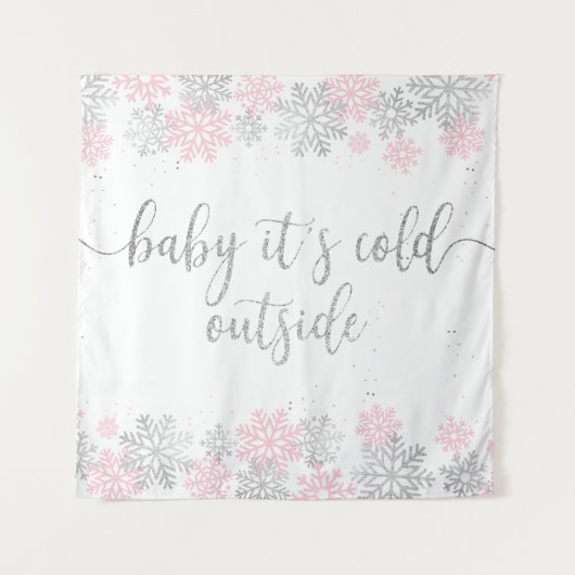 Tenture Flocons de neige roses et argentés en hiver (Devant)