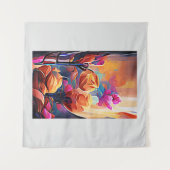 Tenture Floral Abstract Art Orange Red Blue Flowers (Devant (Horizontal))