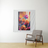 Tenture Floral Abstract Art Orange Red Blue Flowers (En situation)