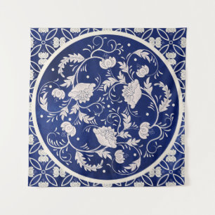 Tenture Floral chinois rond : Aquarelle bleue Vintage