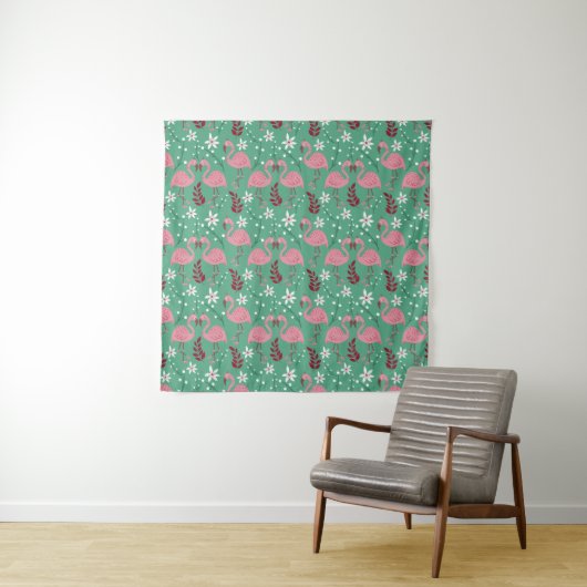 Tenture Floral flamingo sans couture motif rose vert (En situation)