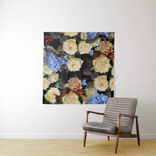 Tenture Floral motif moderne, roses blanches, hydrangée bl (En situation (horizontale))