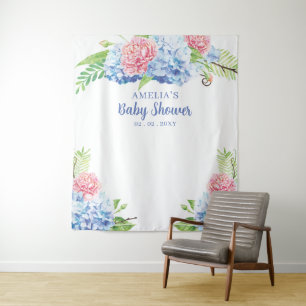 Tenture Flore bleu Hydrangea Baby shower fond