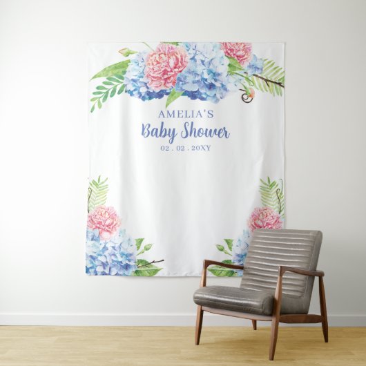 Tenture Flore bleu Hydrangea Baby shower fond (En situation)