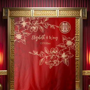Tenture Fond chinois rouge doré magnolia