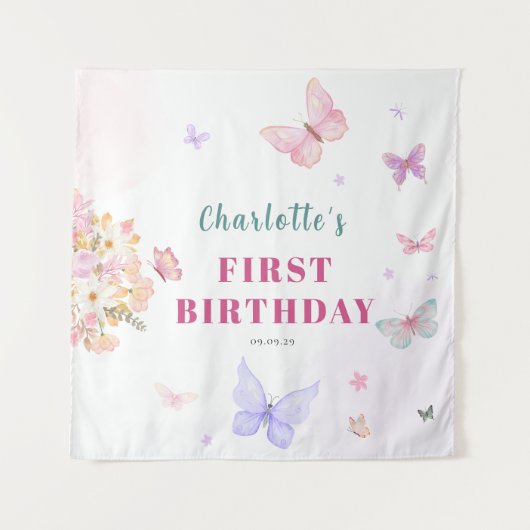 Tenture Fond d'anniversaire papillon rose pastel (Devant)