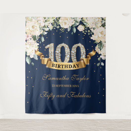 Tenture Fond de 100e anniversaire floral verdure or marine (Devant)