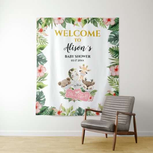 Tenture Fond de Baby Shower FILLE | Amis Safari Or (En situation)