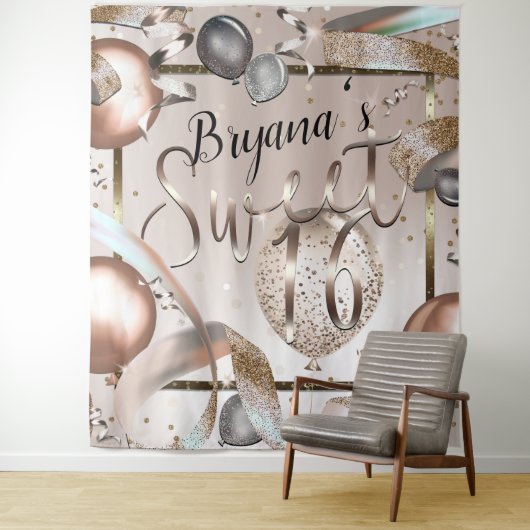 Tenture Fond de ballons pailletés rose gold pour Sweet 16 (En situation)