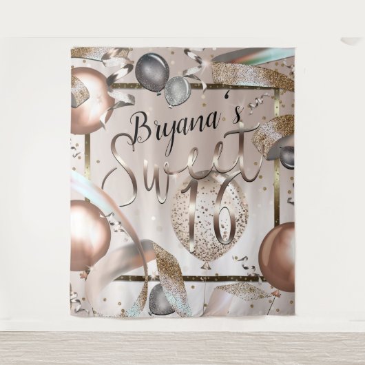 Tenture Fond de ballons rose gold pailletés pour Sweet 16 (Devant)