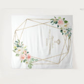 Tenture Fond de baptême cadre doré fleurs roses (Devant (Horizontal))