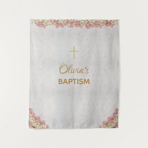 Tenture Fond de baptême Croix dorée Orchidées roses Marbre