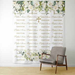 Tenture Fond de baptême en or à motif floral blanc répétit